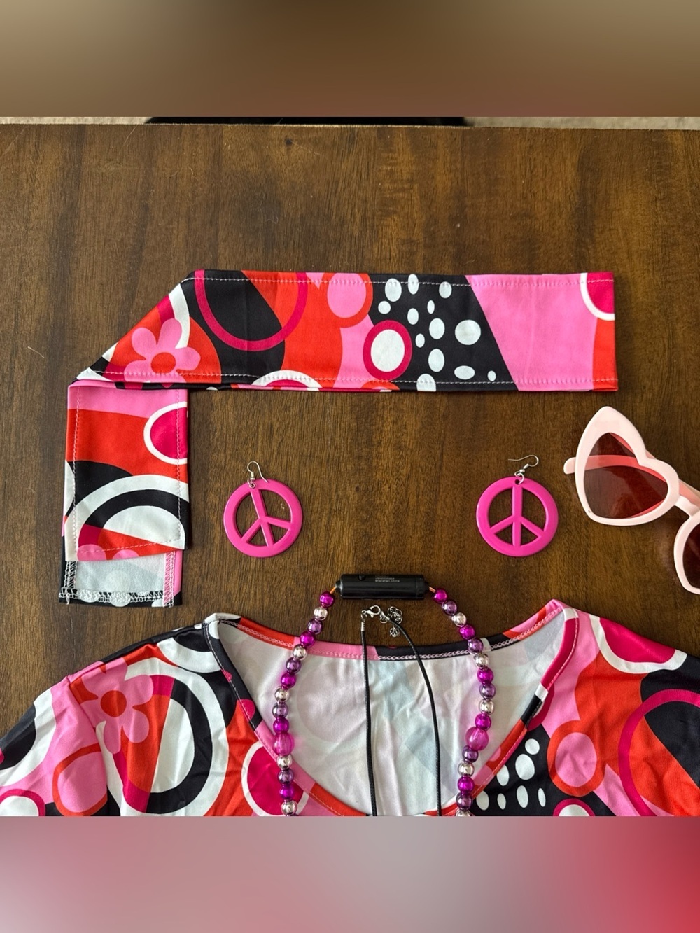 Womens Pink Black Orange Hippie Halloween Costume Dress Necklace Glasses - Picture 3 of 8